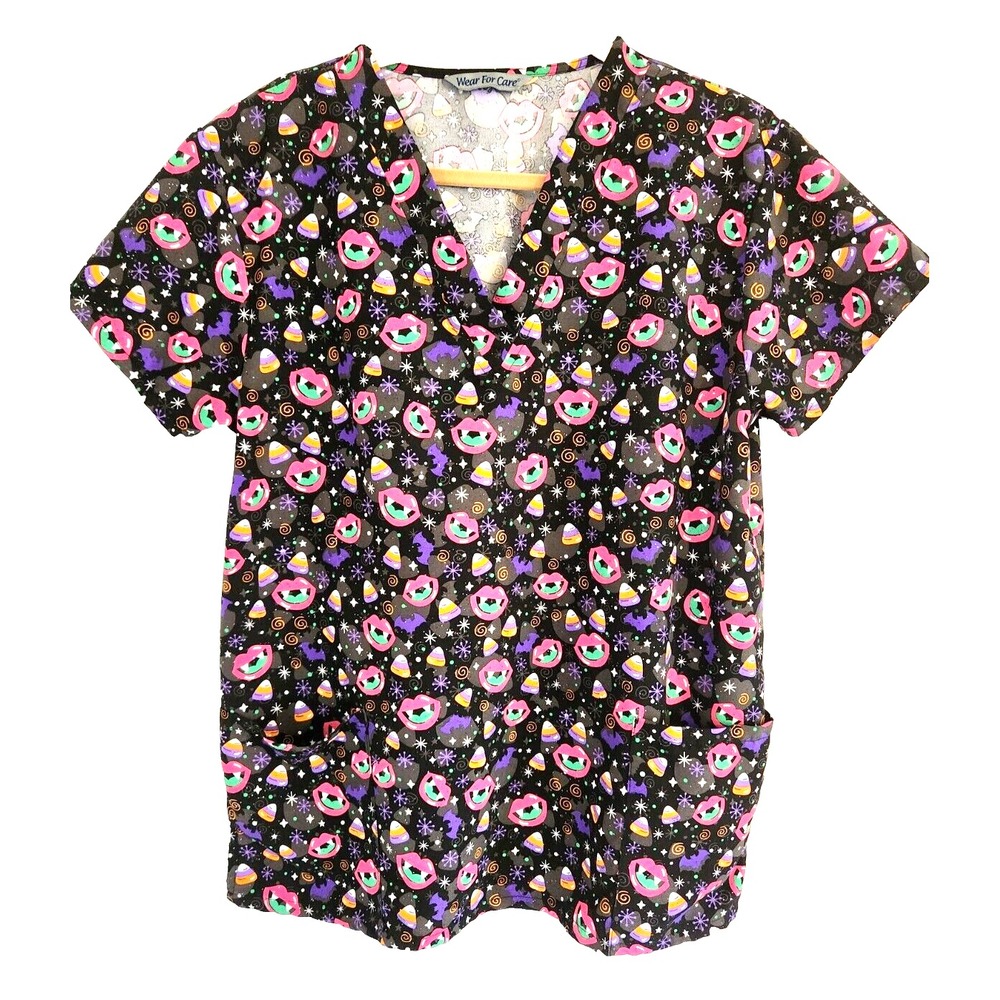 Wear for Care Halloween Pattern Scrub Top Womens Size L Cute Vampire Candy Corn